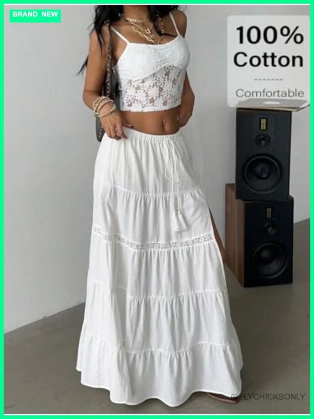 Boho Western Maxi Skirt with Lace Trim High Slit Layered Ruffle